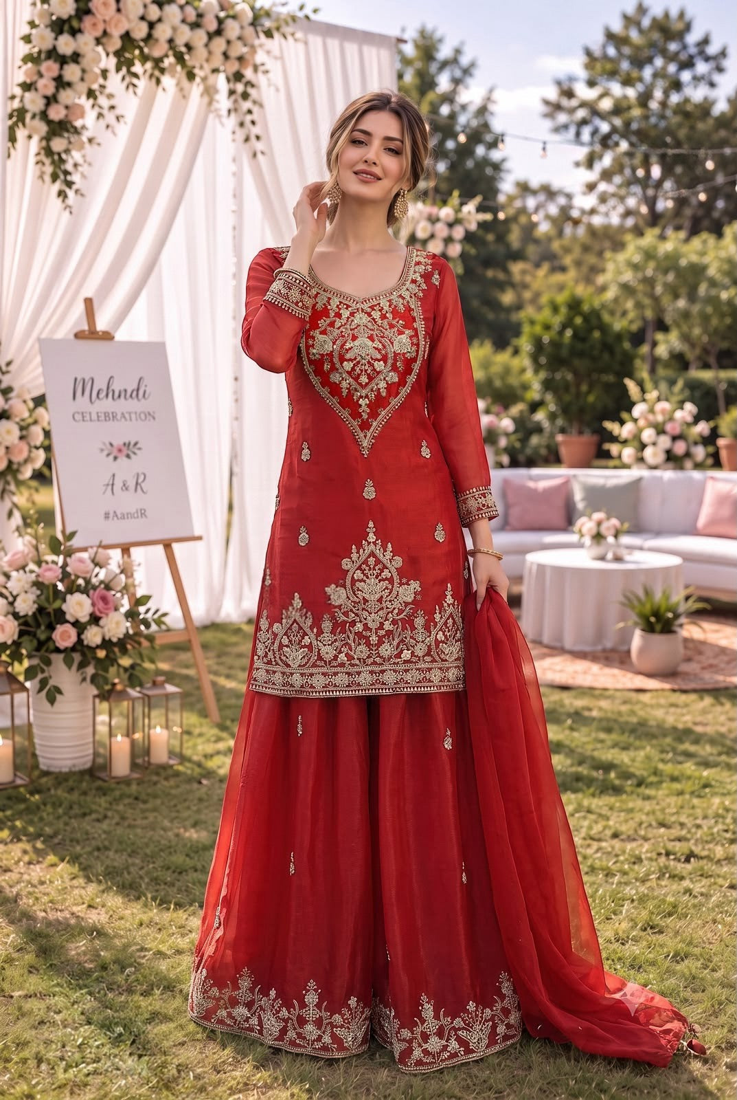 Vermilion red palazzo set with antique gold jewel embroidery and a sheer matching dupatta