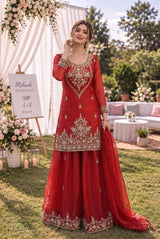 Vermilion red palazzo set with antique gold jewel embroidery and a sheer matching dupatta