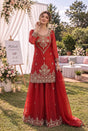 Vermilion red palazzo set with antique gold jewel embroidery and a sheer matching dupatta
