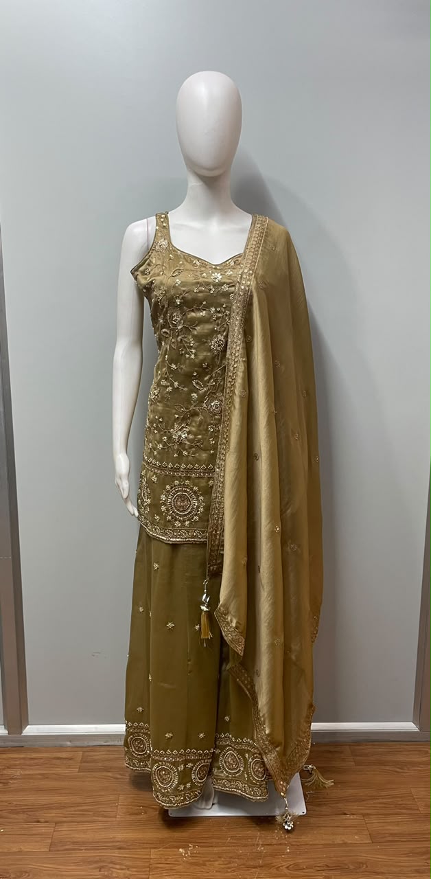 Olive Gold Embroidered Palazzo Set