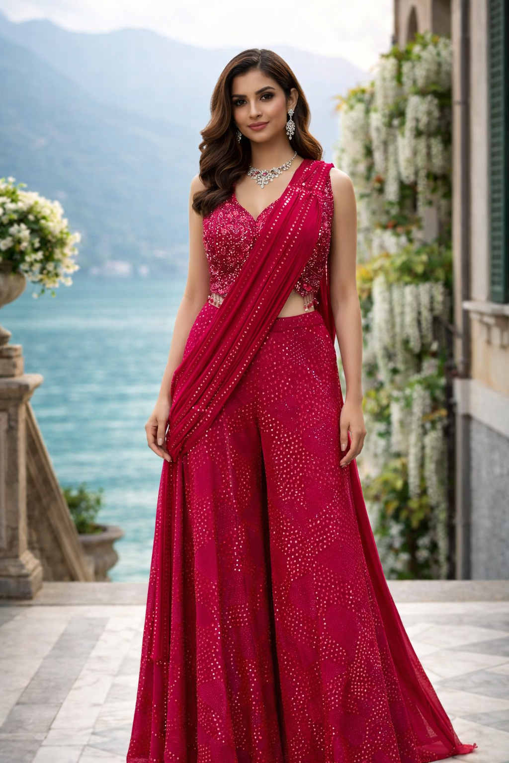 Crimson Drape Embellished Saree Ensemble