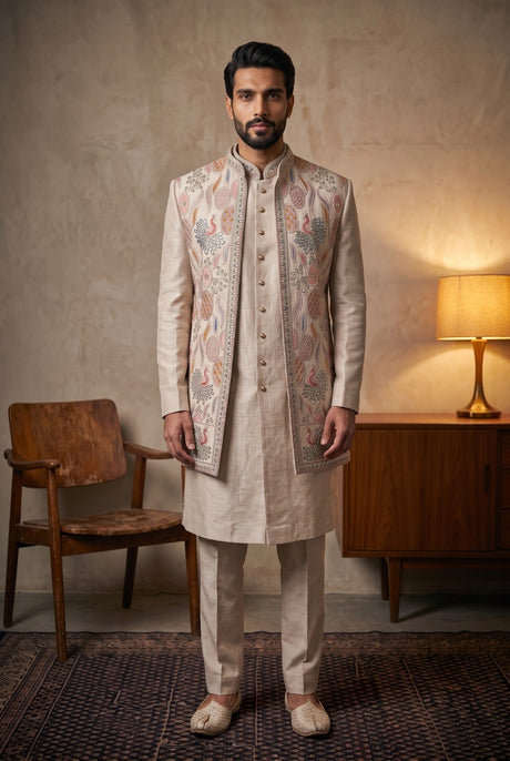 Ivory men's kurta set with a pastel peacock and paisley long waistcoat