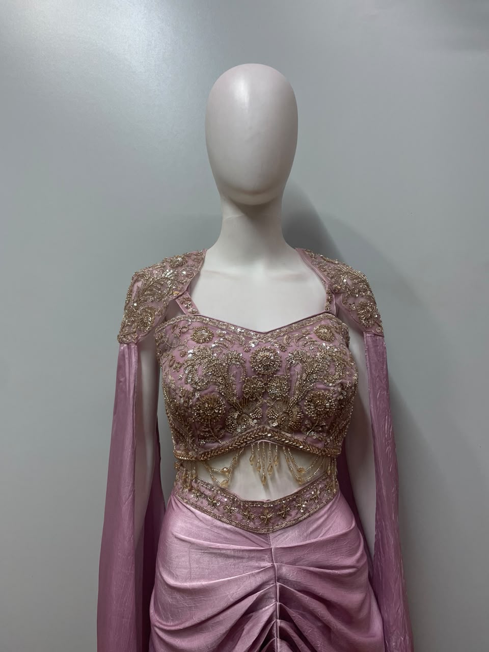 Dusty Rose Gold Embellished Draped Skirt Set