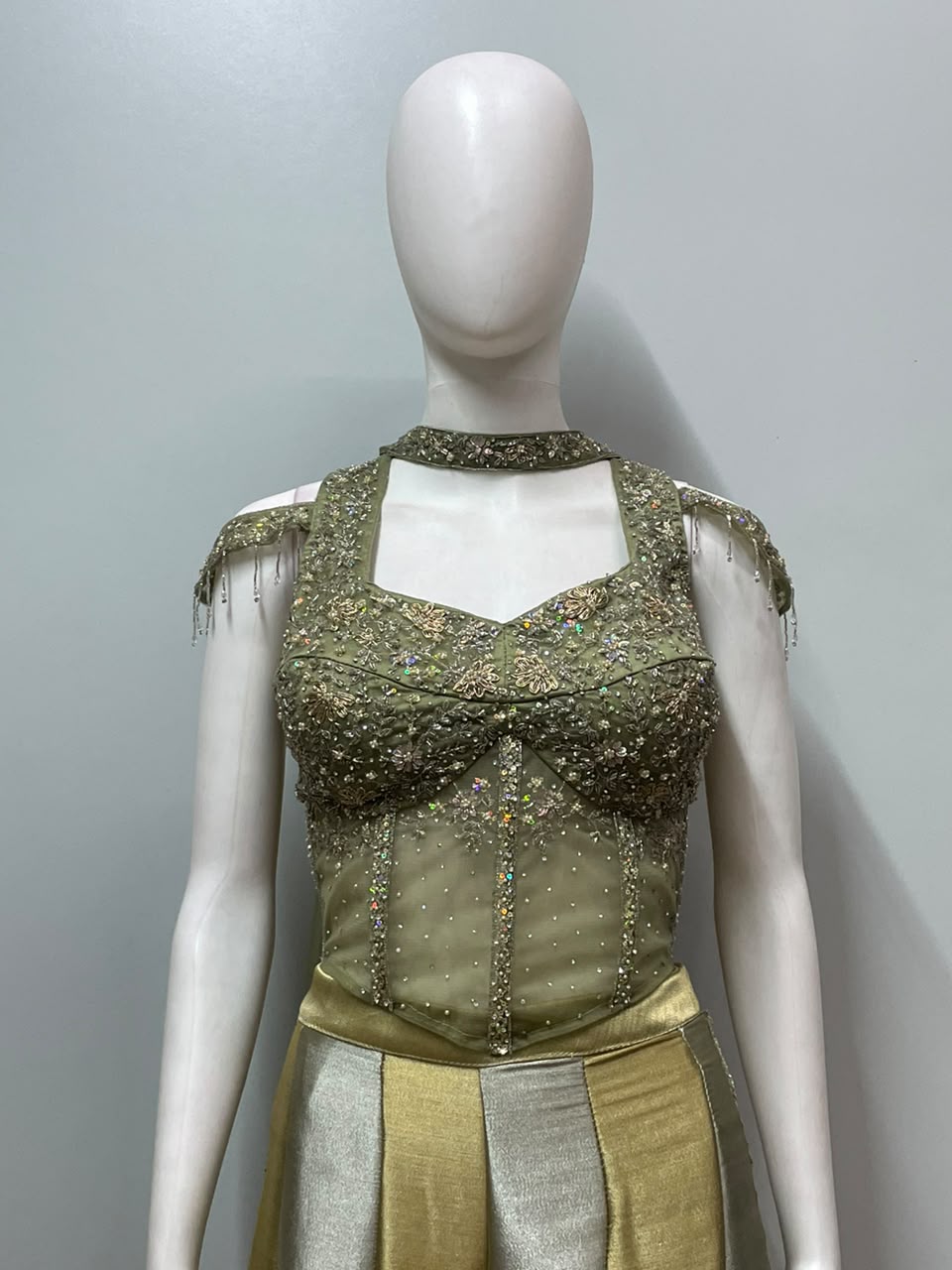 Olive Gold Embellished Corset Palazzo Set