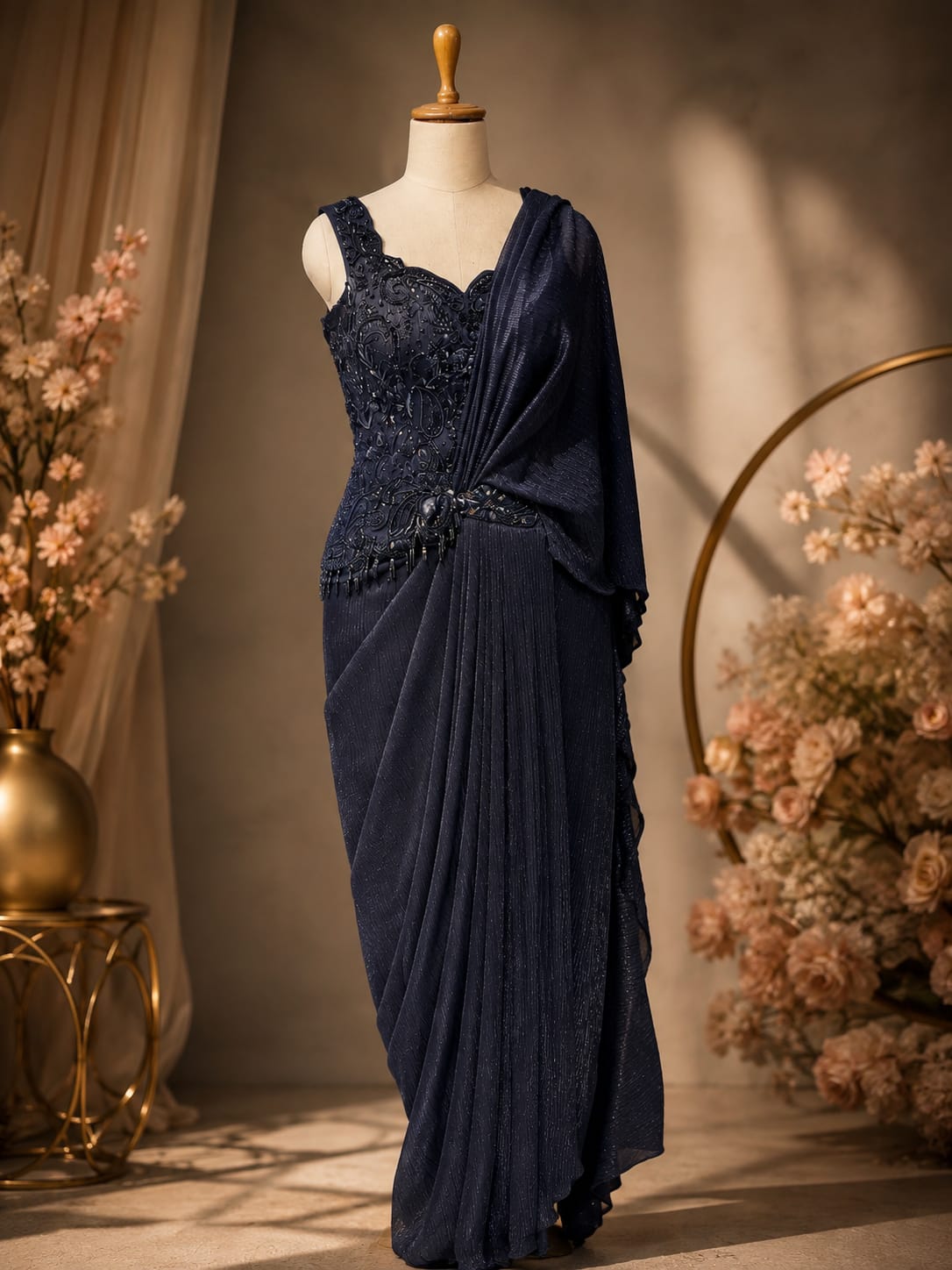 Navy pleats falling from the draped waist of the saree set