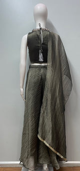 Olive Gold Embroidered Palazzo Drape Set