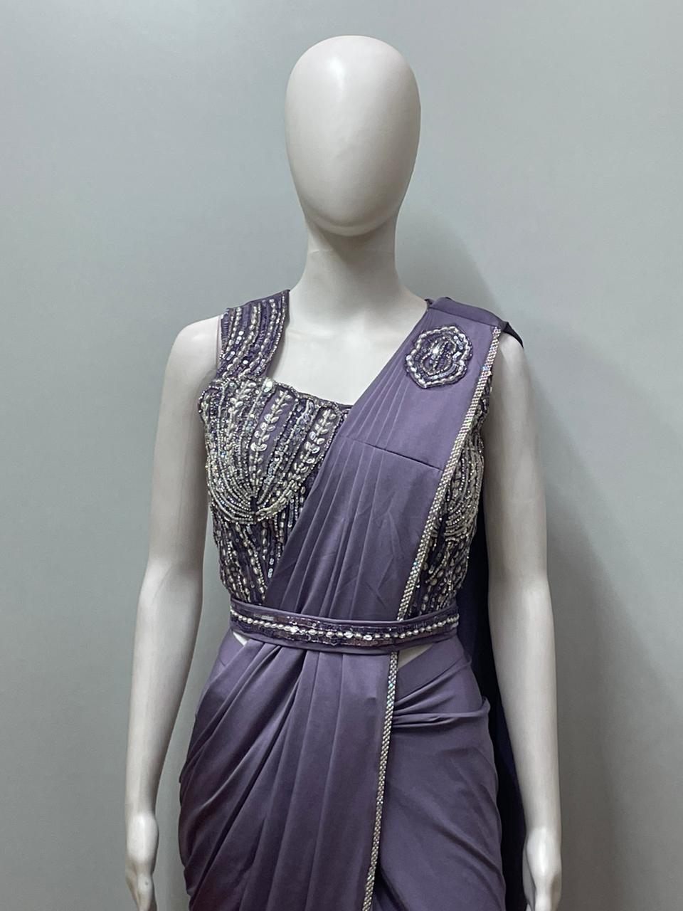 Mauve Silver Draped Saree Set
