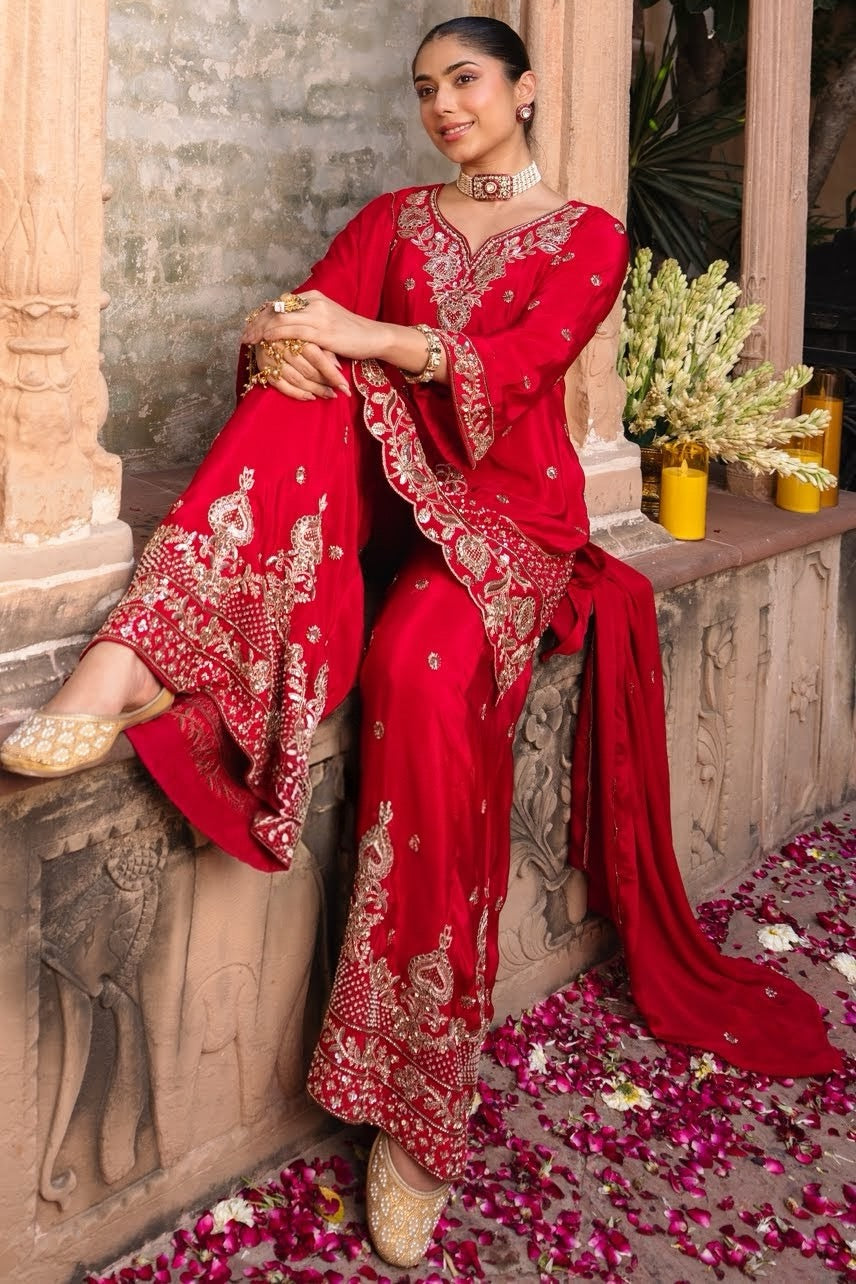 Scarlet Red Antique Silver Jewel Kurta Pant Set