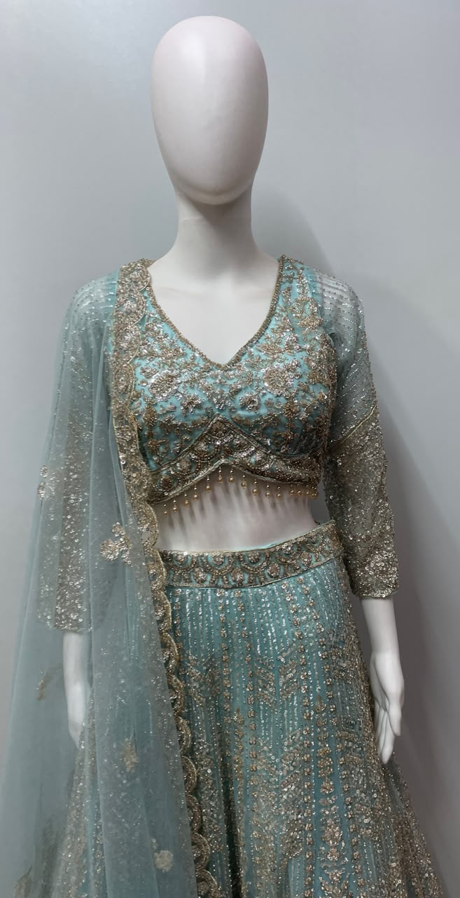 Aqua Champagne Embroidered Lehenga Couture Set