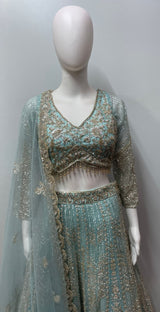 Aqua Champagne Embroidered Lehenga Couture Set