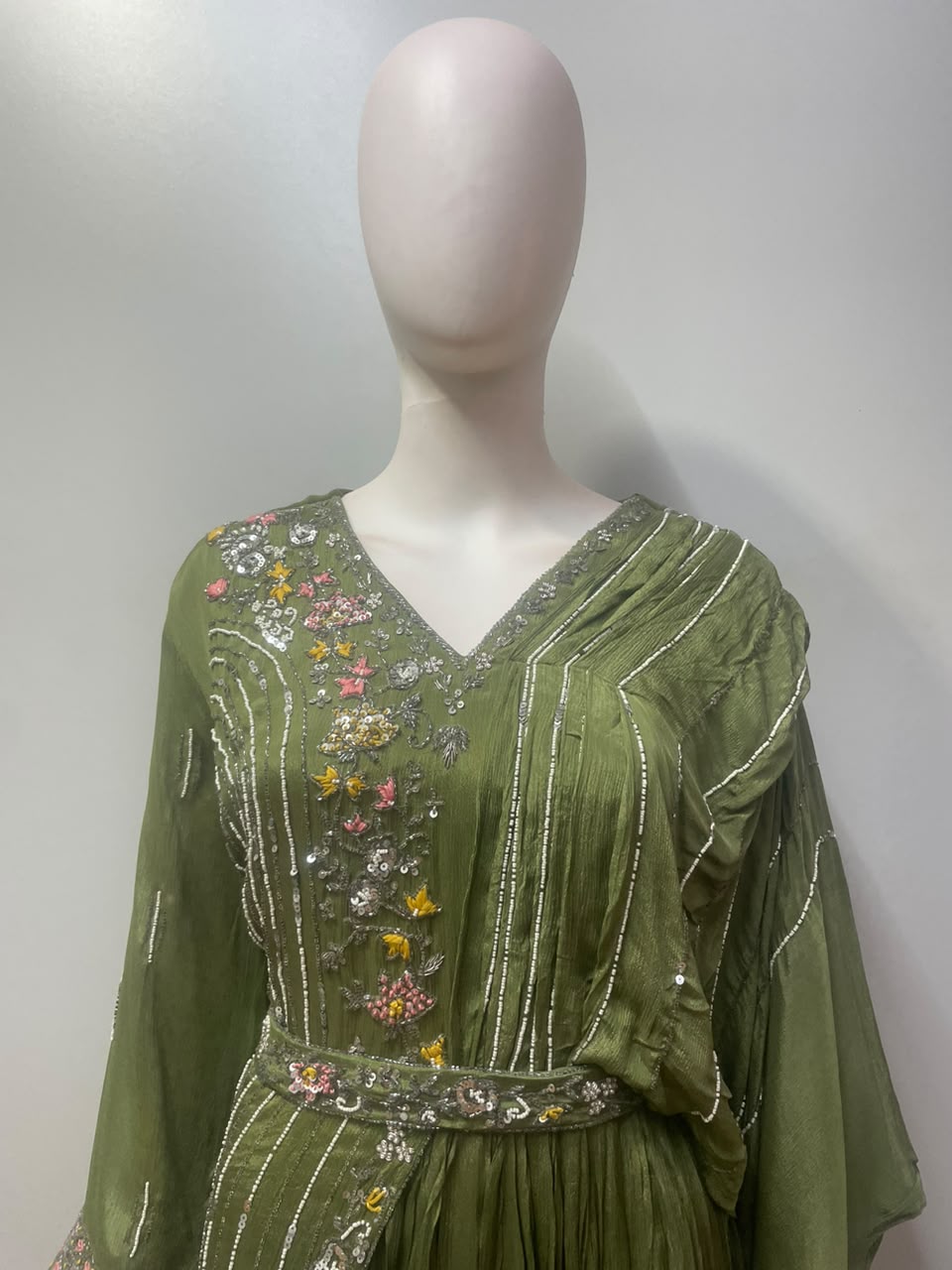 Olive Green Multicolor Floral Embroidered Draped Gown
