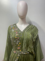 Olive Green Multicolor Floral Embroidered Draped Gown