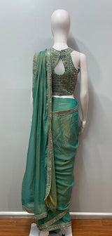 Aqua Zari Draped Saree Set