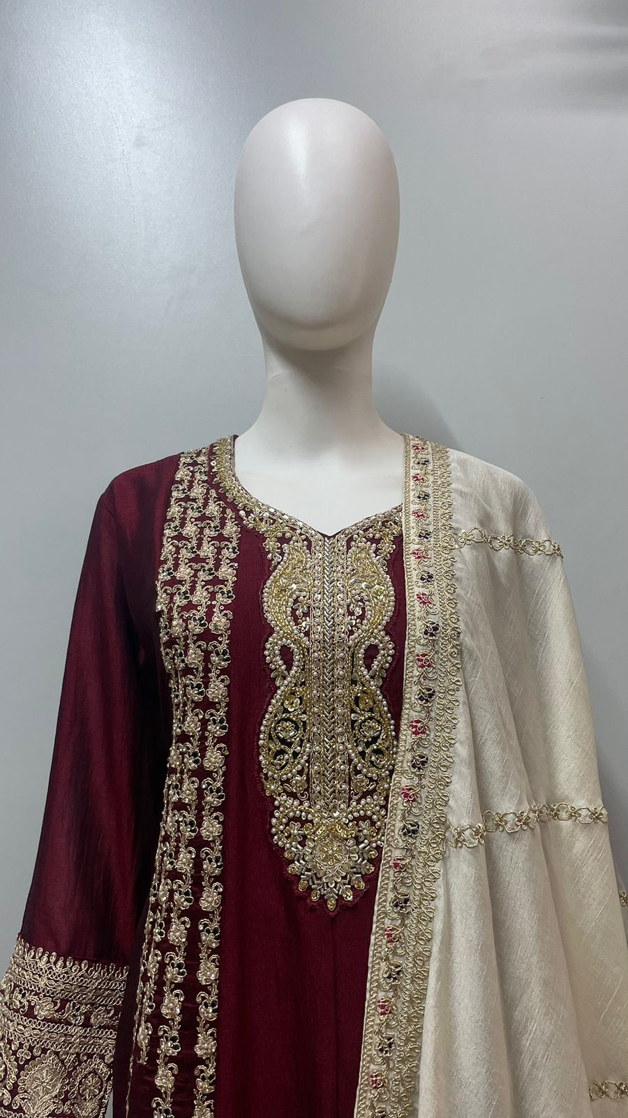 Wine Ivory Embroidered Kurta Set