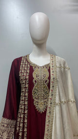 Wine Ivory Embroidered Kurta Set
