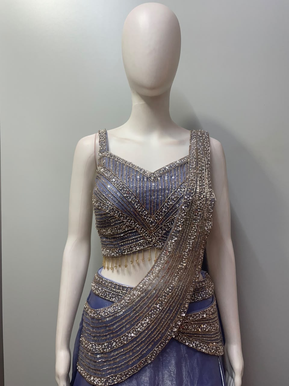 Dusty Lavender Silver Crystal Jewel Draped Lehenga Set