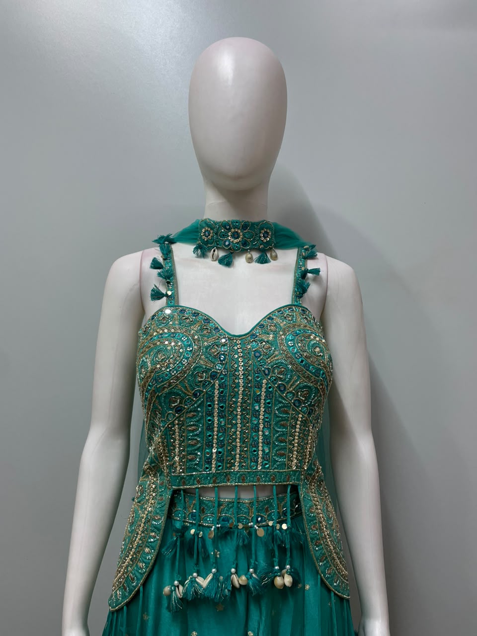 Peacock Teal Gold Geometric Embroidered Lehenga Set