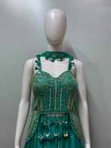 Peacock Teal Gold Geometric Embroidered Lehenga Set