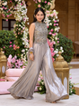 Smoky silver high-neck blouse with crystal jewel work and palazzo pants