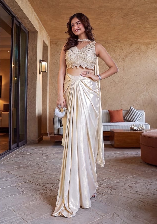 Champagne Ivory Pearl Draped Skirt Set