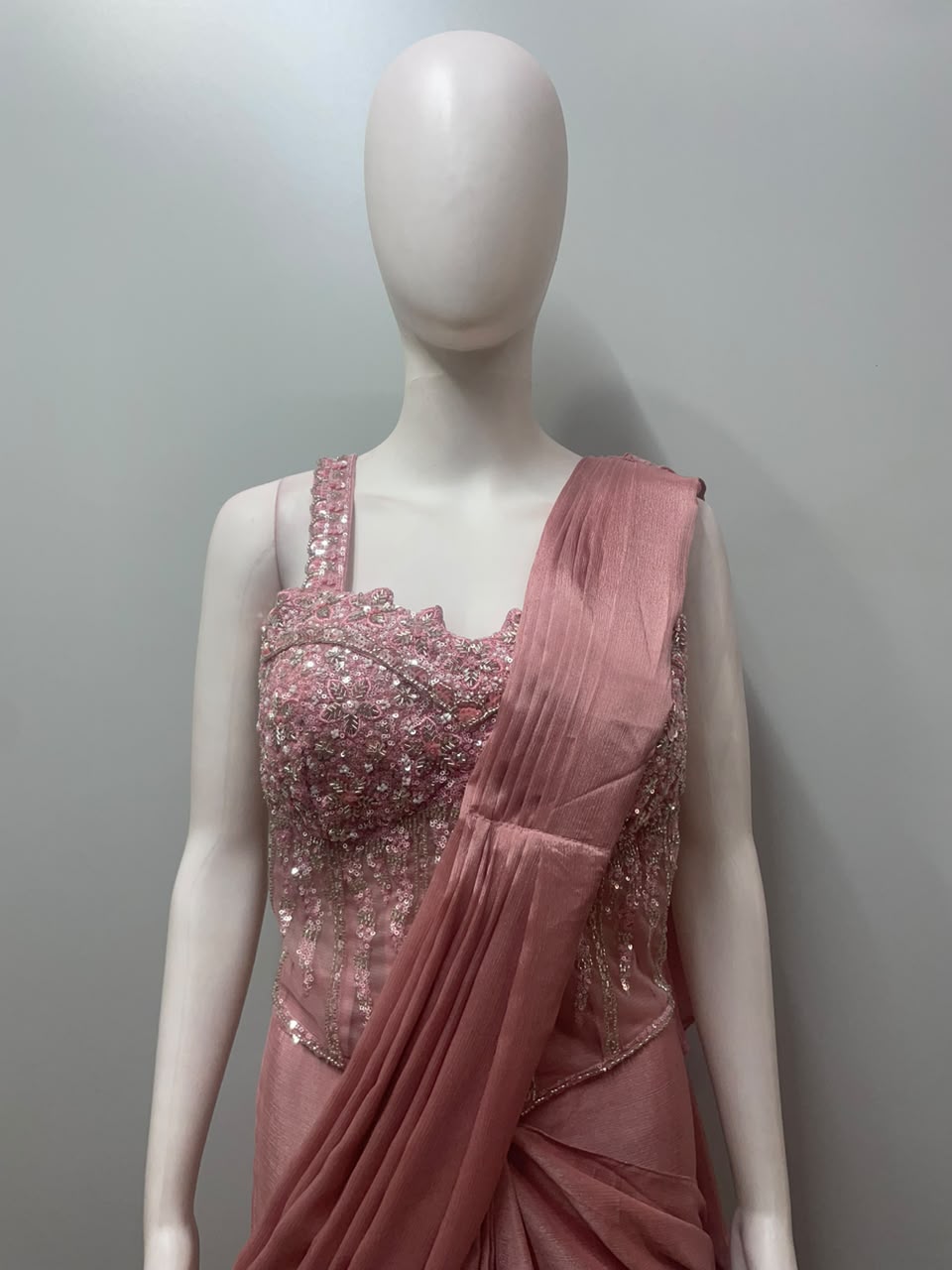 Rose Pink Sequin Corset Draped Saree Set