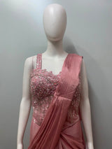 Rose Pink Sequin Corset Draped Saree Set