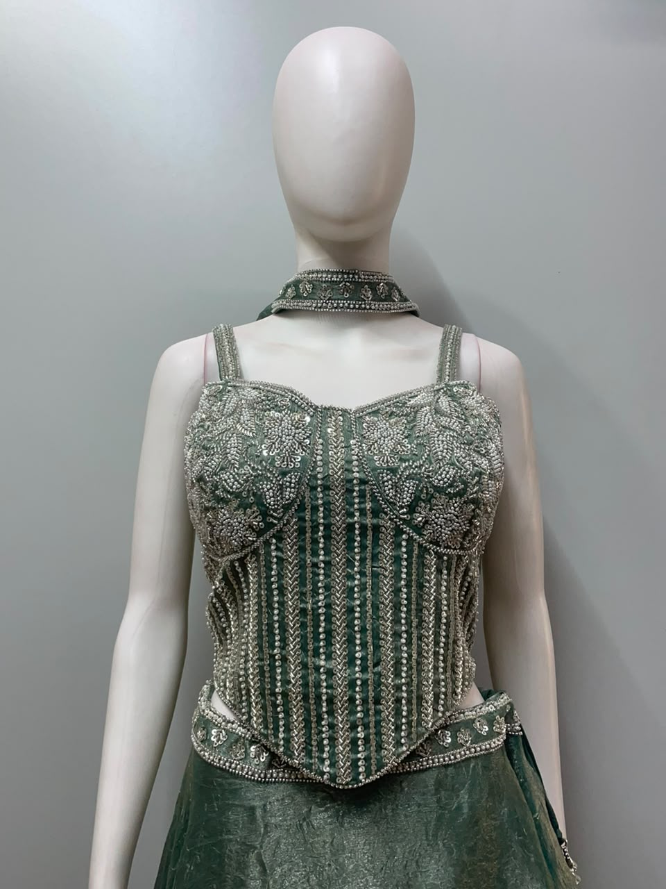 Sage Silver Crystal Corset Lehenga Ensemble