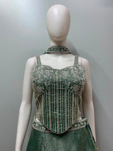 Sage Silver Crystal Corset Lehenga Ensemble