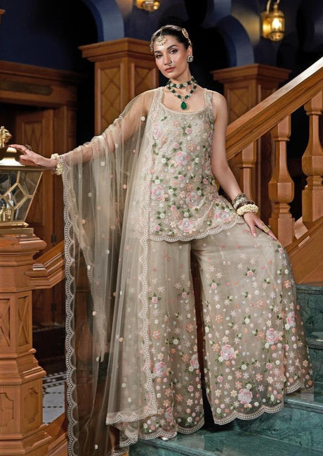 Dusty taupe palazzo set with blush botanical detailing, front view