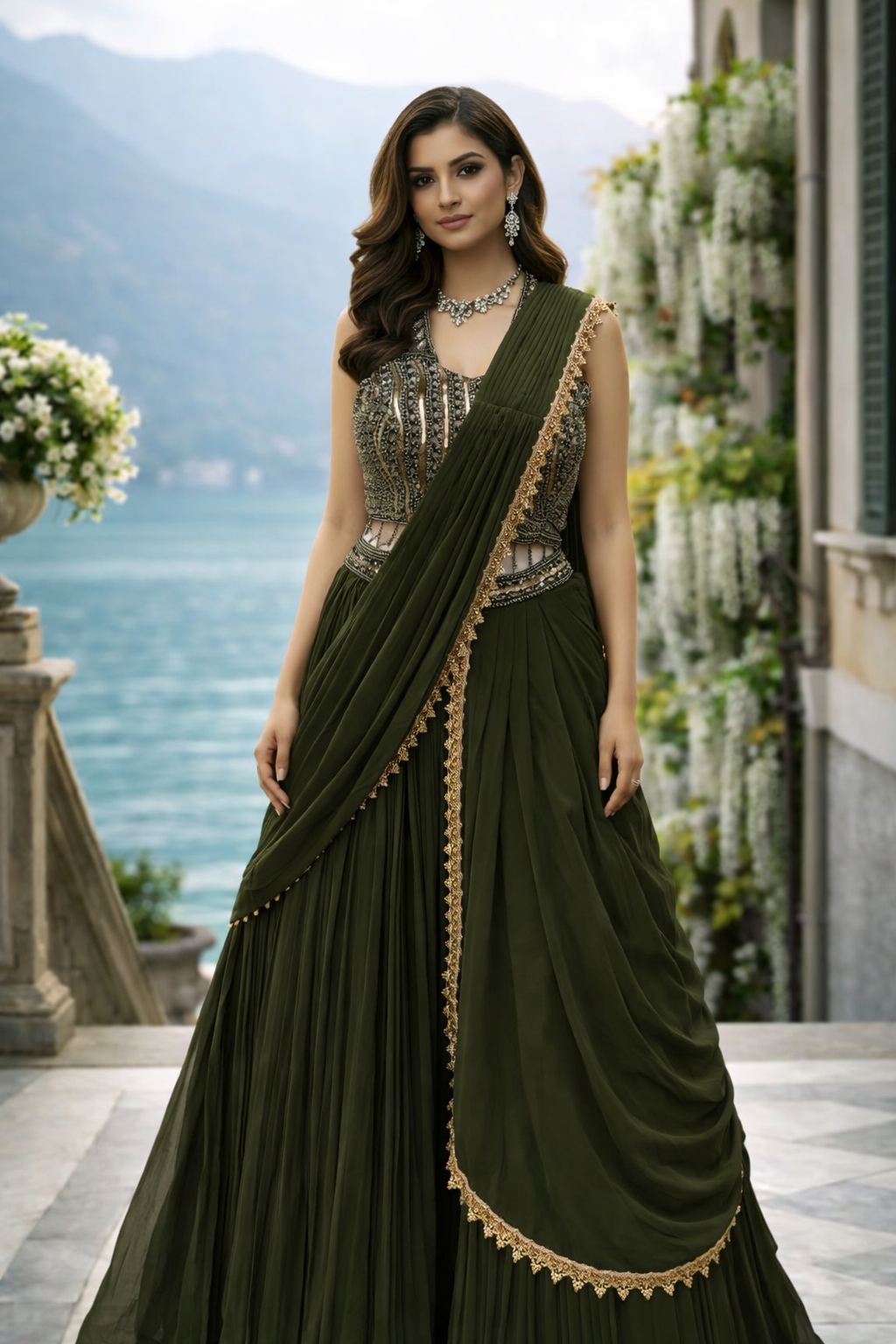 Emerald Drape Pleated Gown Ensemble XL
