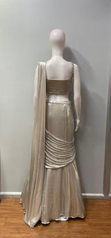 Champagne crystal embellished pre-draped saree from a third angle