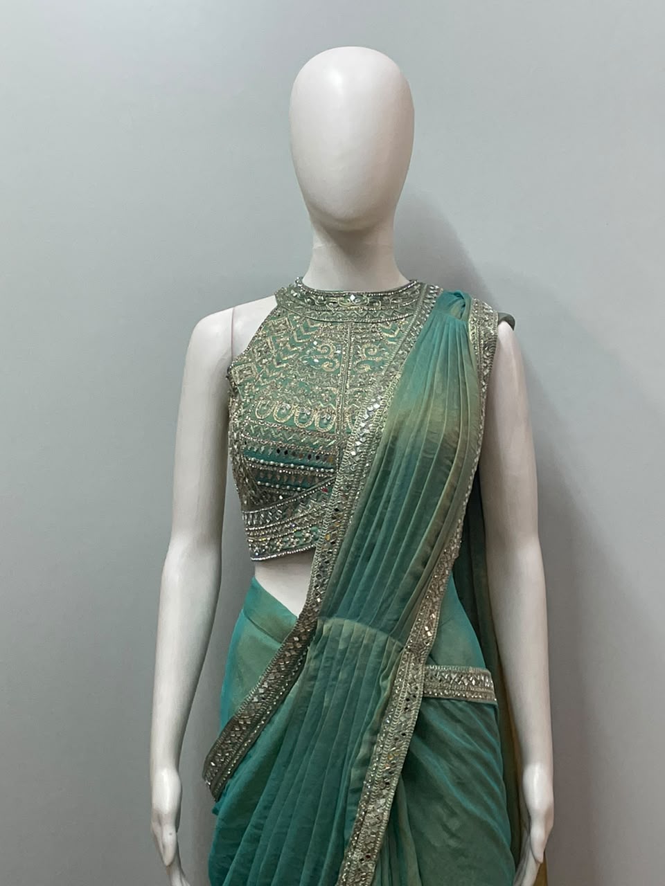 Aqua Zari Draped Saree Set