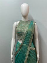 Aqua Zari Draped Saree Set