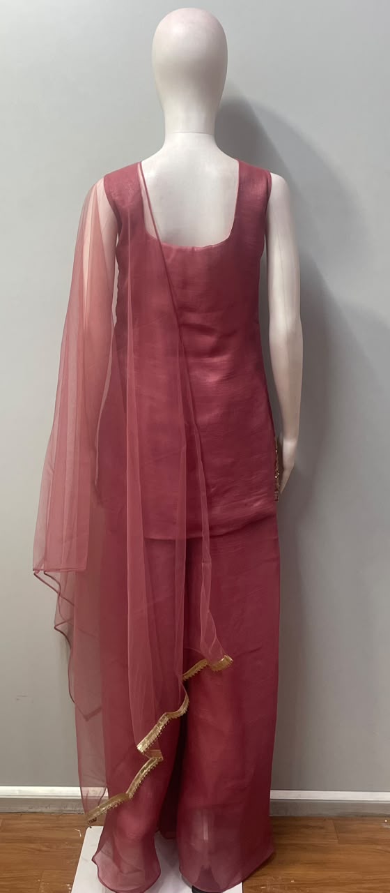 Dusty Rose Antique Gold Floral Longline Palazzo Set