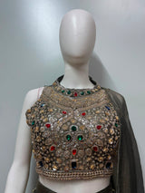 Olive Gold Embroidered Palazzo Drape Set