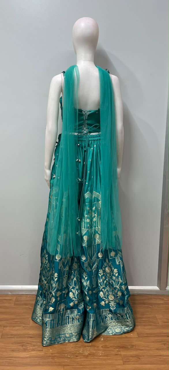 Peacock Teal Gold Geometric Embroidered Lehenga Set