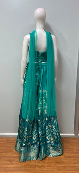 Peacock Teal Gold Geometric Embroidered Lehenga Set