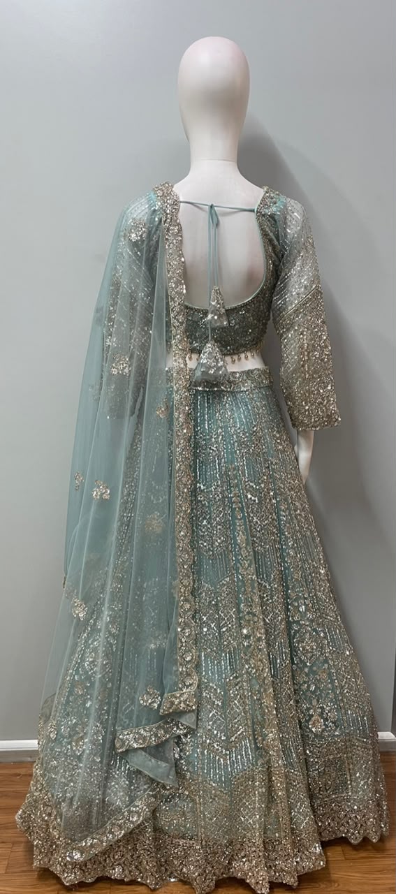 Aqua Champagne Embroidered Lehenga Couture Set