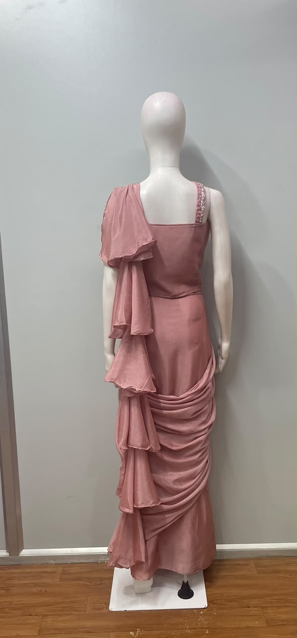 Rose Pink Sequin Corset Draped Saree Set