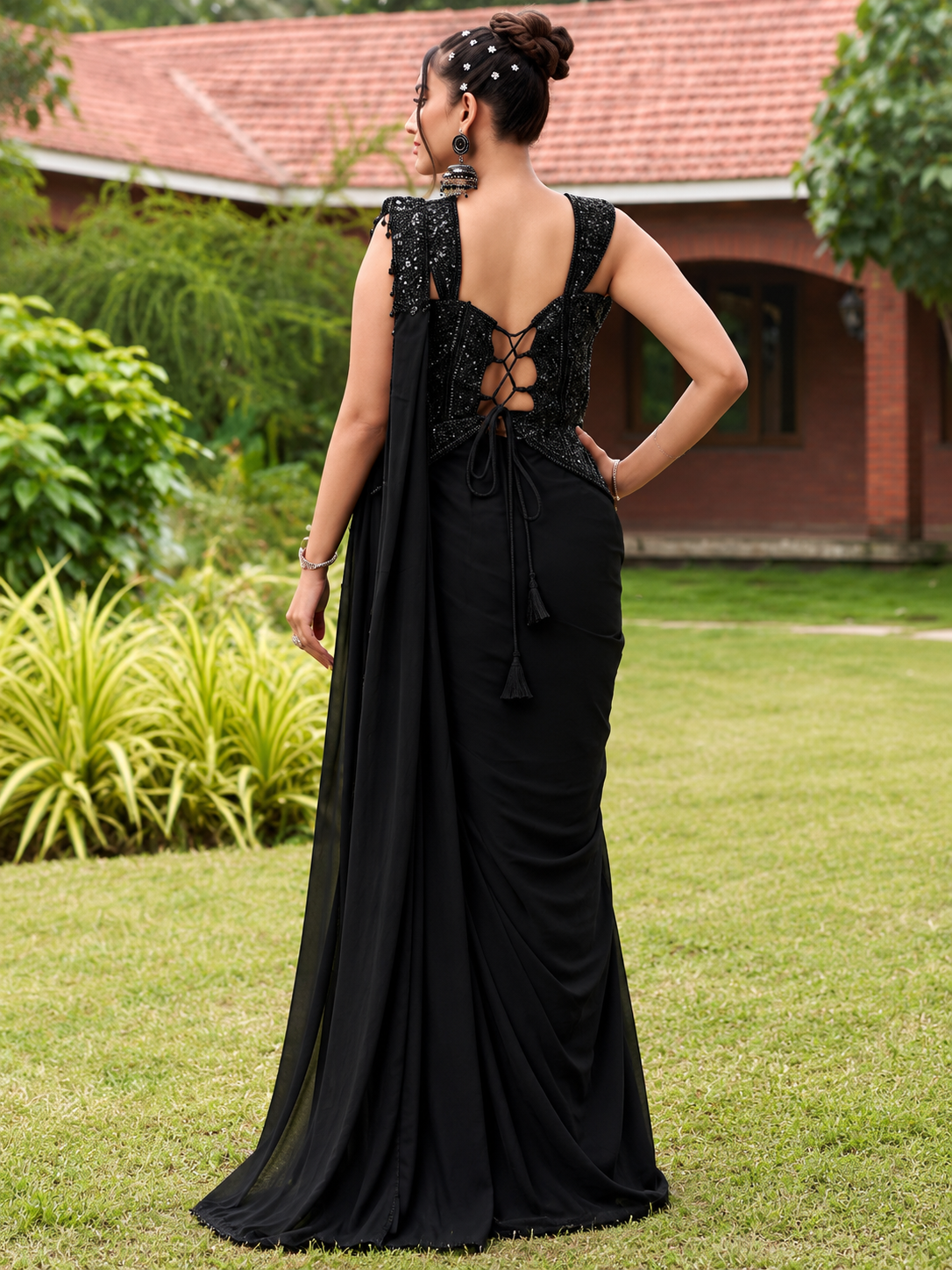 Midnight Black Onyx Floral Corset Draped Skirt Set