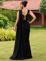 Midnight Black Onyx Floral Corset Draped Skirt Set