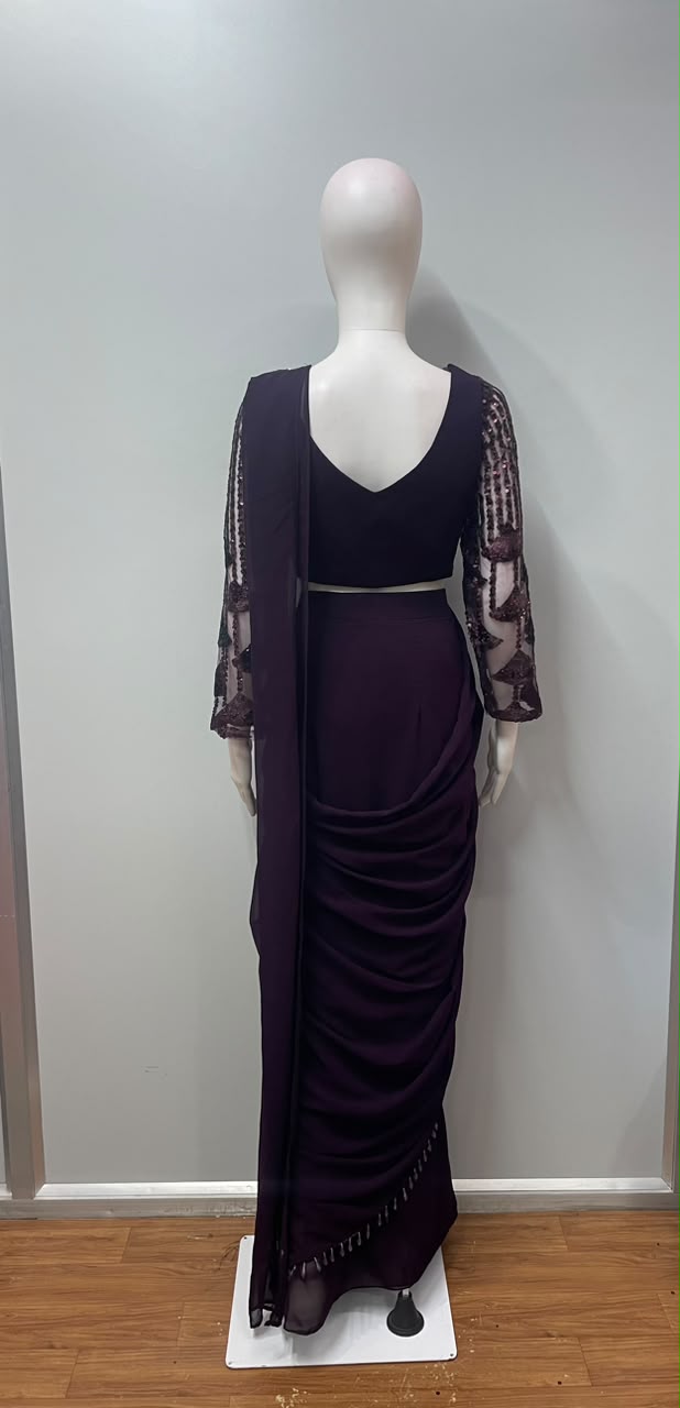 Aubergine Sequin Draped Saree Set
