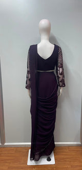 Aubergine Sequin Draped Saree Set