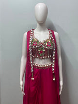 Rani Pink Pearl Floral Draped Saree Set - alternate view
