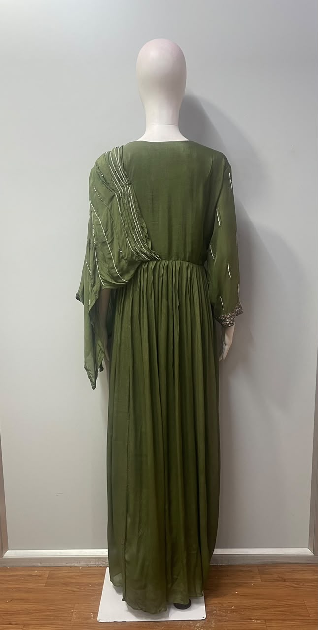 Olive Green Multicolor Floral Embroidered Draped Gown