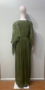 Olive Green Multicolor Floral Embroidered Draped Gown