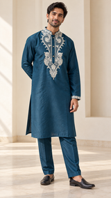 Deep Teal Silver Mirror Heritage Kurta