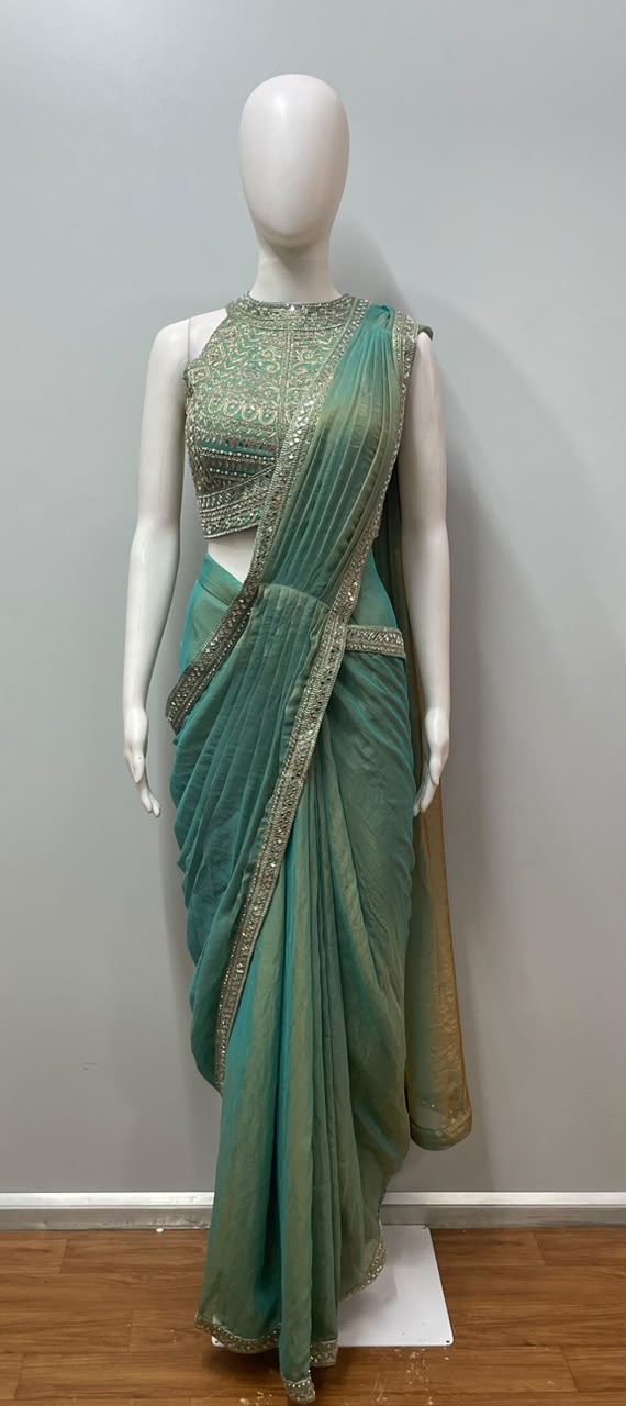 Aqua Zari Draped Saree Set