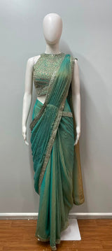 Aqua Zari Draped Saree Set