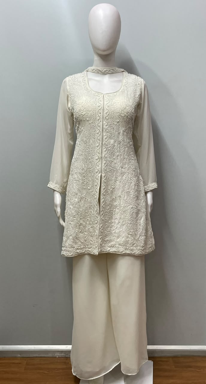 Ivory Pearl Embroidered Palazzo Couture Ensemble